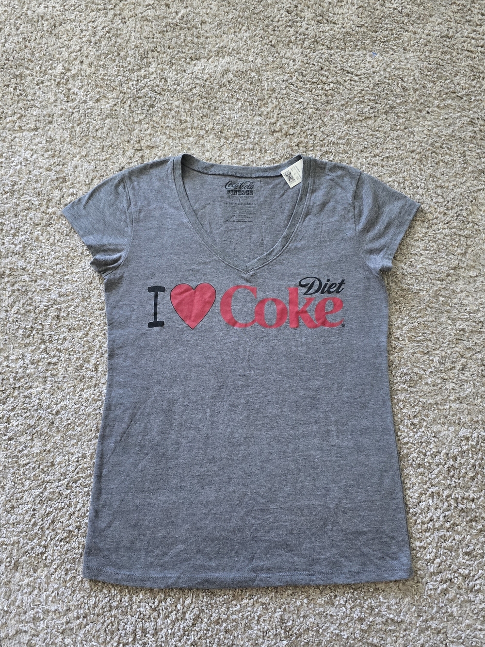 Vintage Diet Coke I Heart Coke Cotton Blend Gray V-Neck T-Shirt Soda Theme NWT